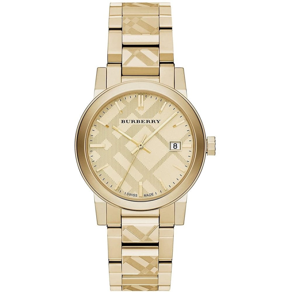 Burberry BU9038 The City Engraved Checked Gold Unisex Watch - WATCH & WATCH