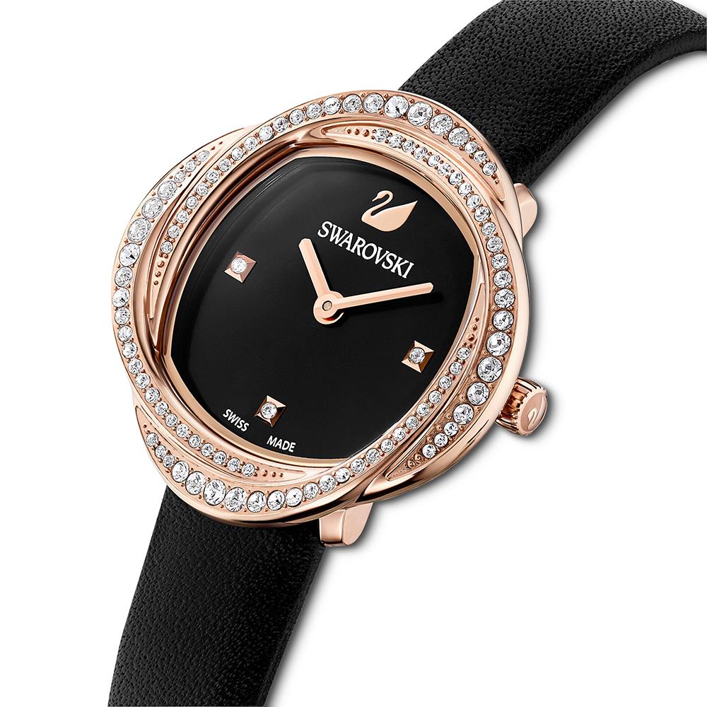 Swarovski 5552421 Crystal Leather Strap Black Rose Gold Tone Women's Watch - WATCH & WATCH